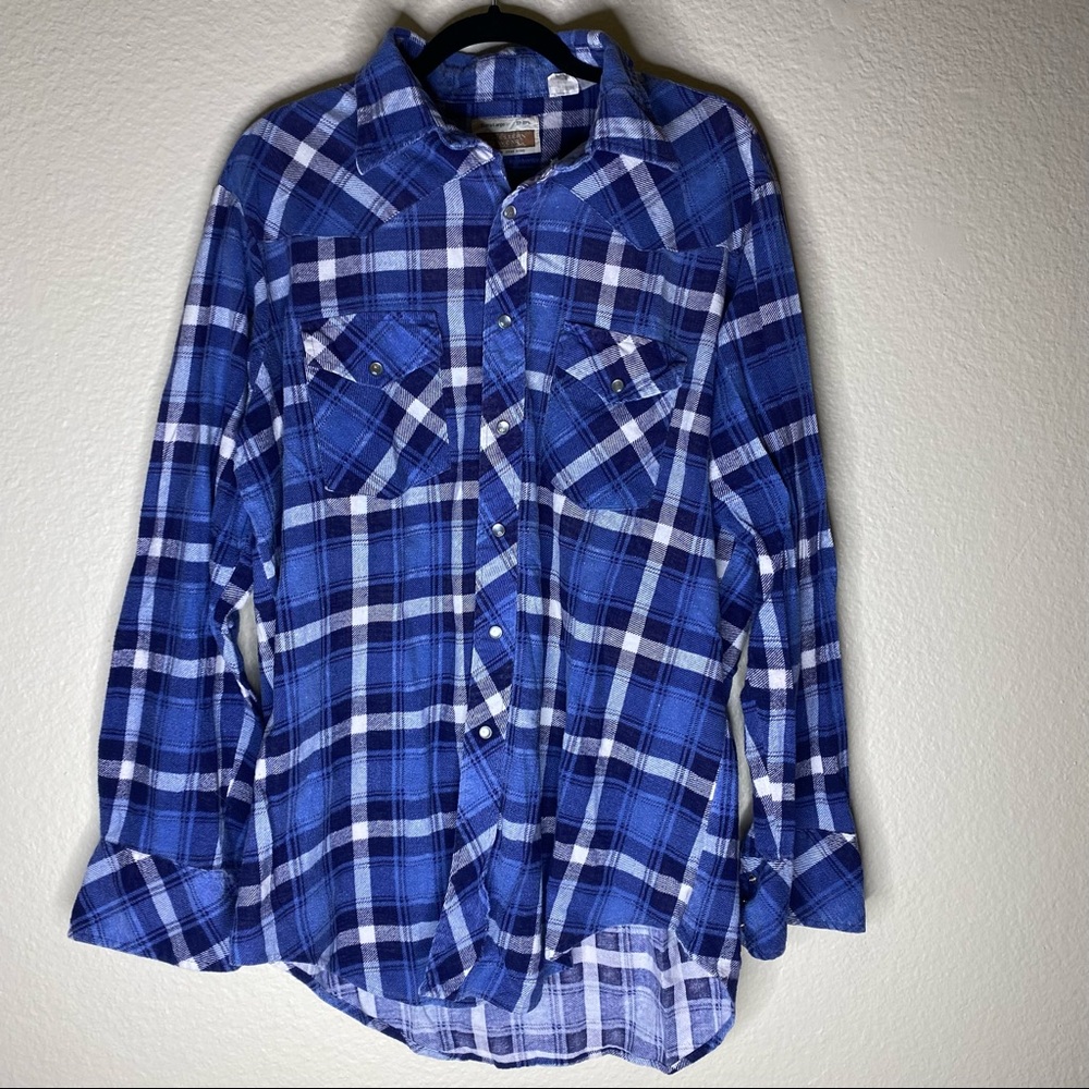 True Vintage 1970s Sears Western Wear Flannel Shirt Snap Blue Plaid | XL